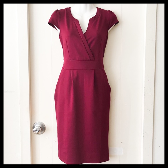 Burgundy Midi Pencil Dress with Pockets - Picture 2 of 8